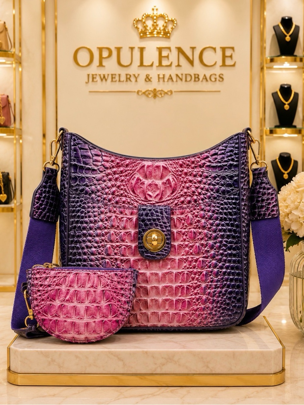 Purple-Pink Ombre Croc-Embossed Shoulder Bag with Coin Pouch